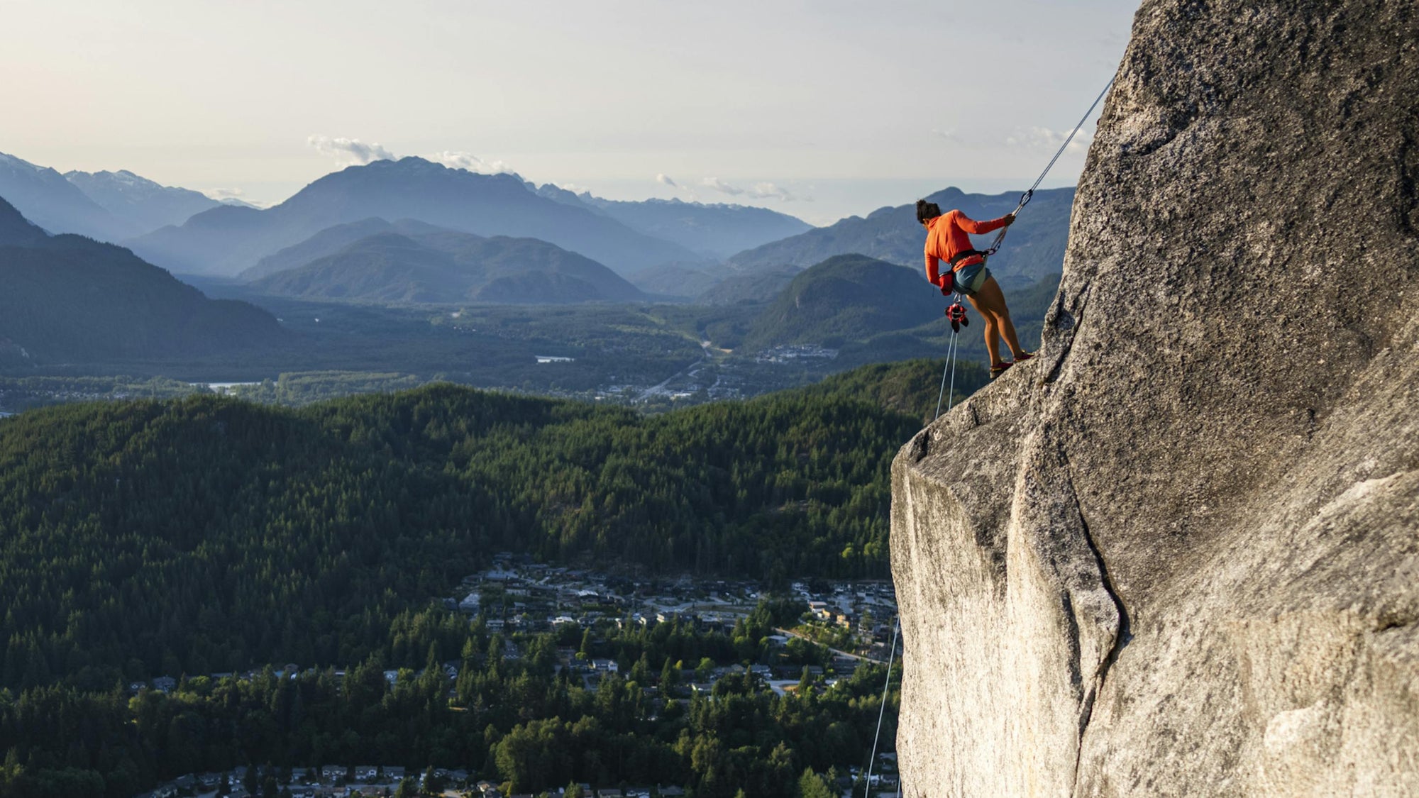 A climber on a ledge in Squamish. 