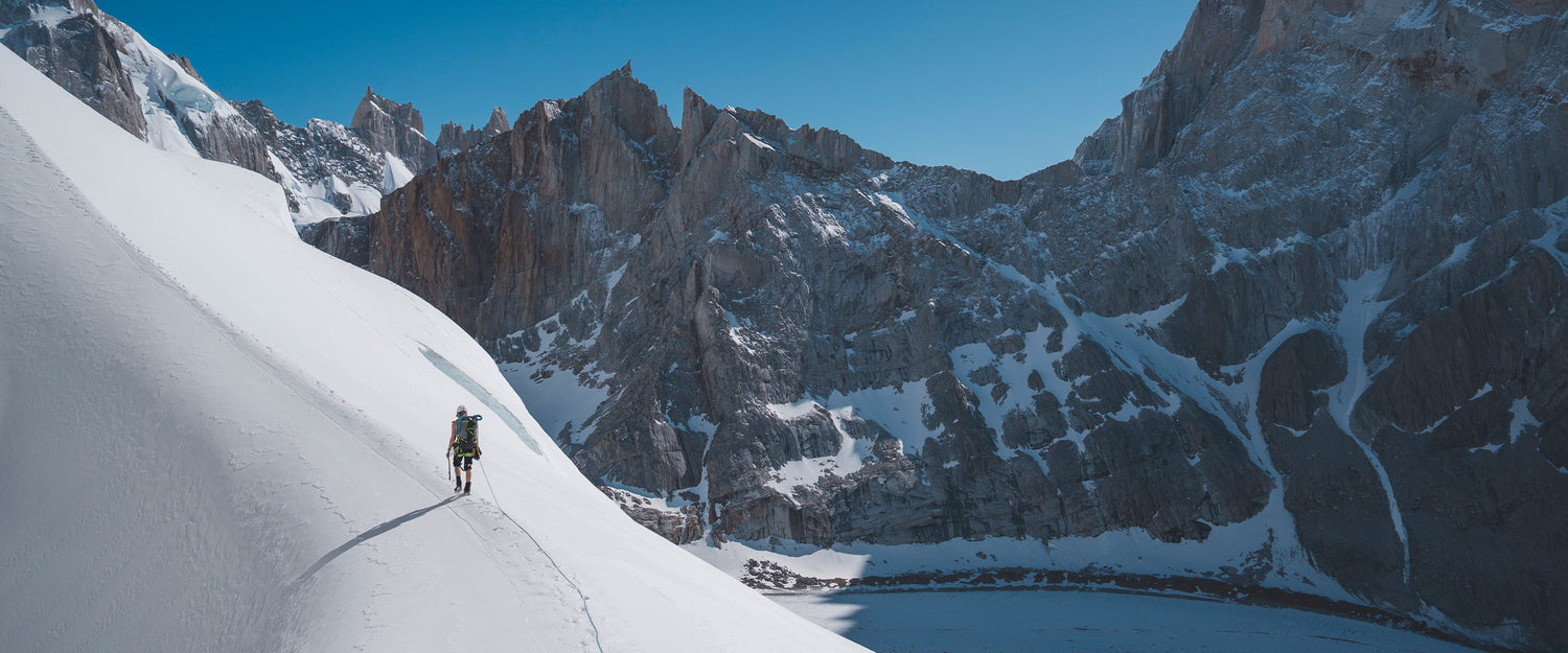 A mountaineer sets a boot pack in Patagonia