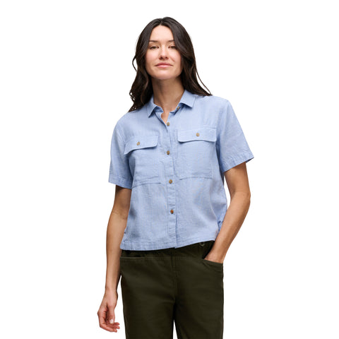 ladies short sleeve dress shirts Short Sleeve Button Front Top, Stripe Chambray