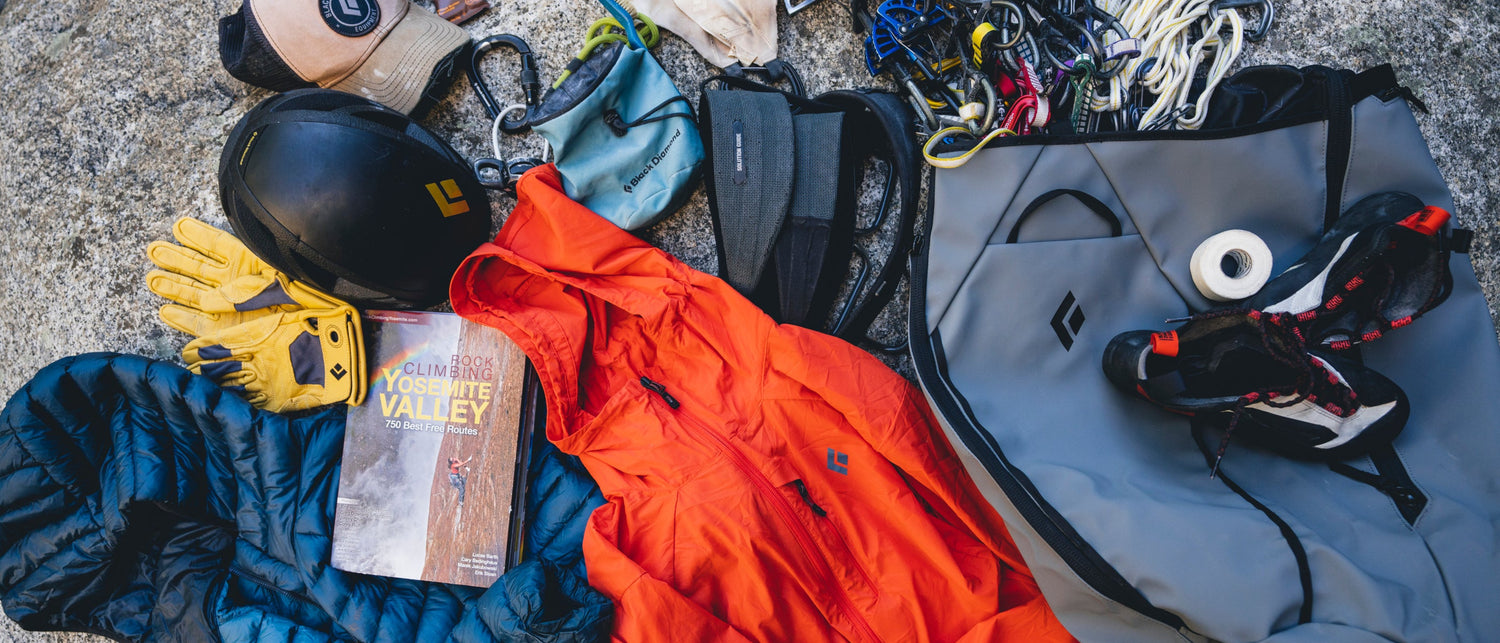 A selection of Black Diamond climbing gear, perfect for a day of climbing in Yosemite, on a granite background. 