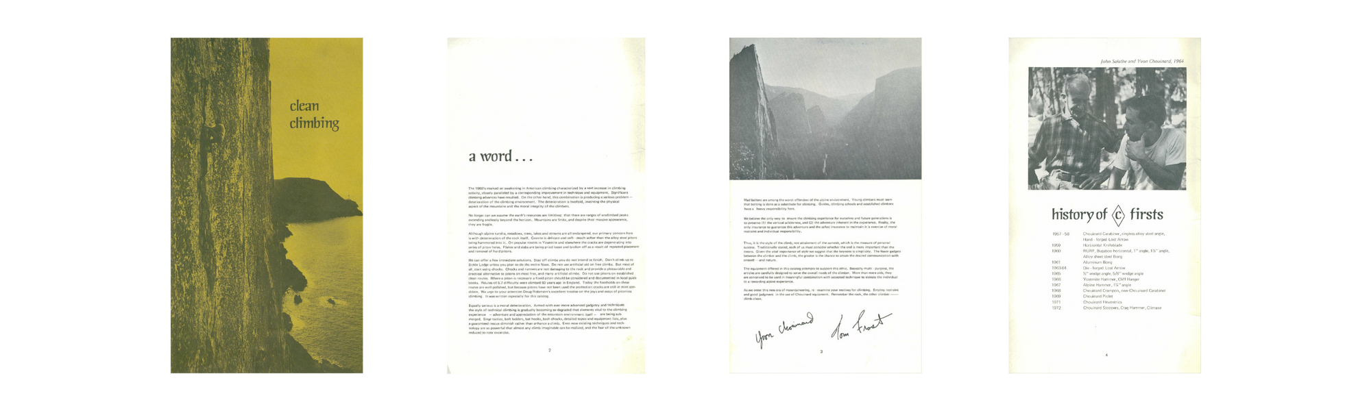 Pages from the Clean Climbing manifesto and Chouinard Equipment catalog
