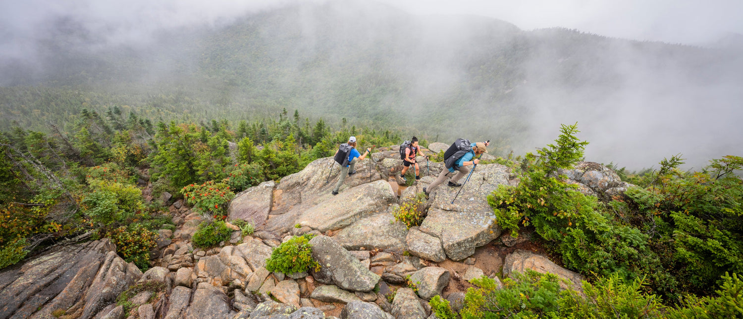 Three hikers on a ridge, the vista obscured in fog. 