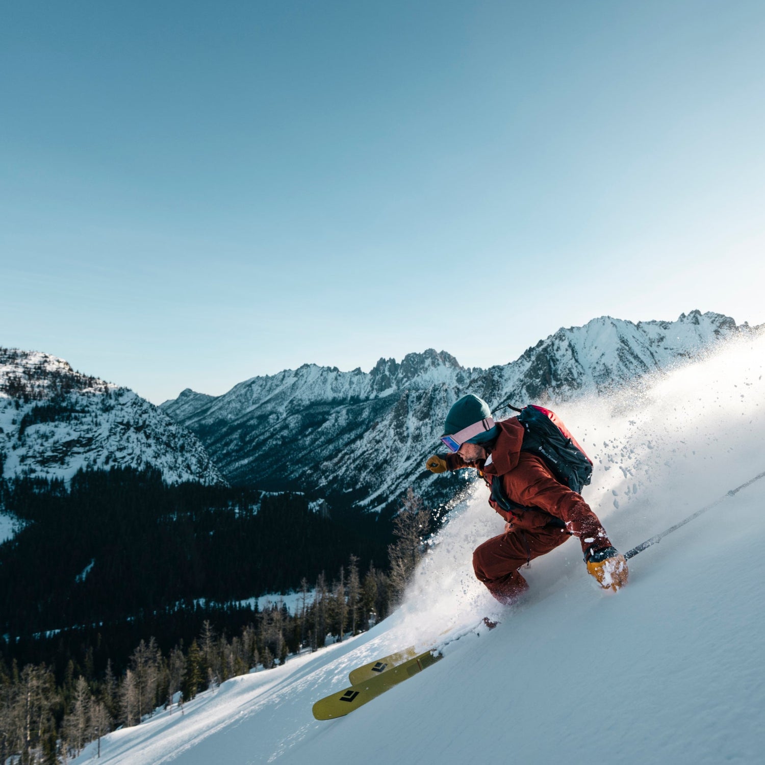 A skier turns in powder in the Cascades. 